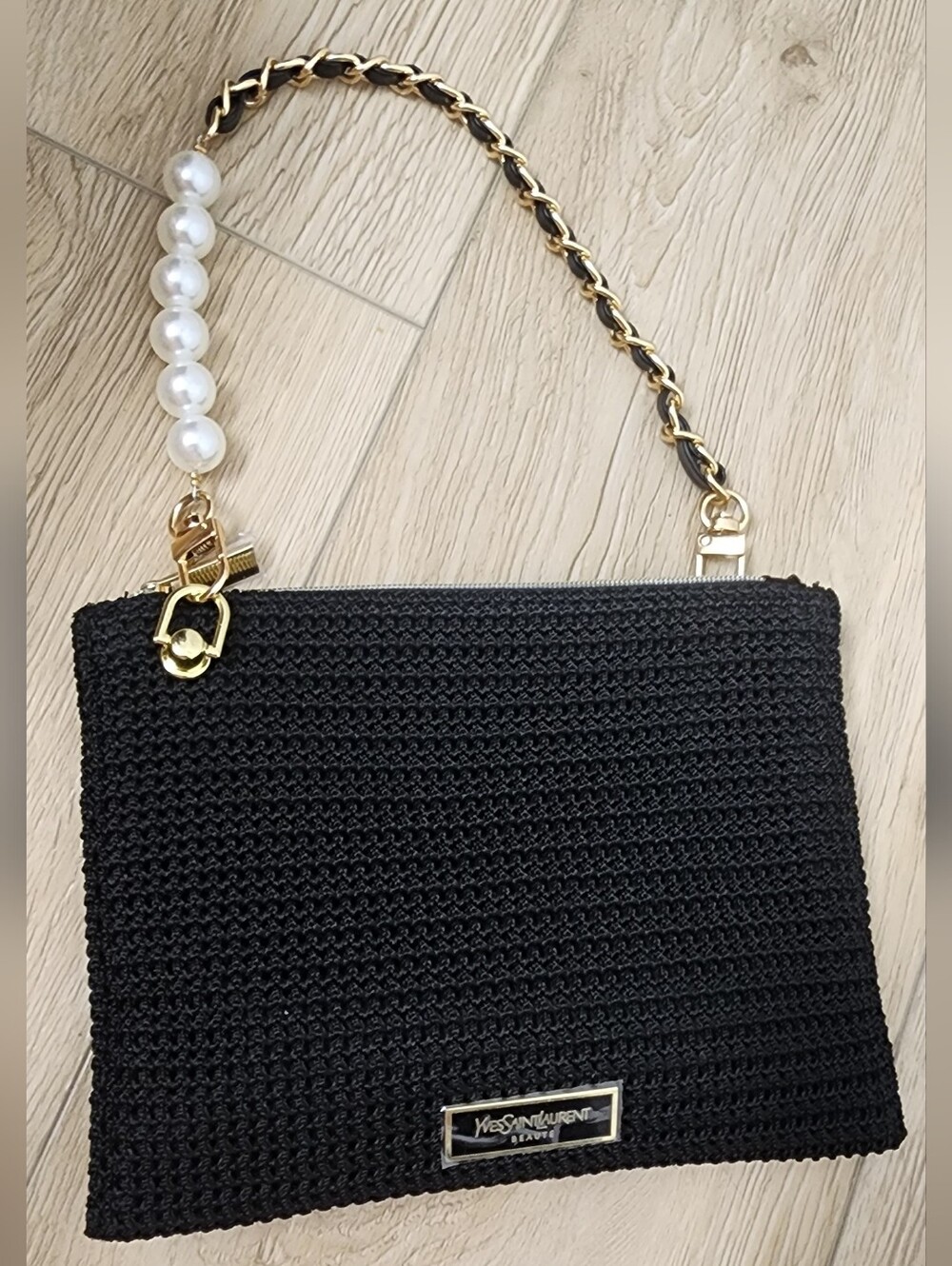 Ysl Beauty Clutch black Crochet Pouch Zip Bag + 3 Samples With Pearl Chain Strap